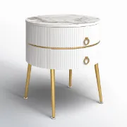 Midwest Round Side Table with Marble-Effect Top – Natural Wood