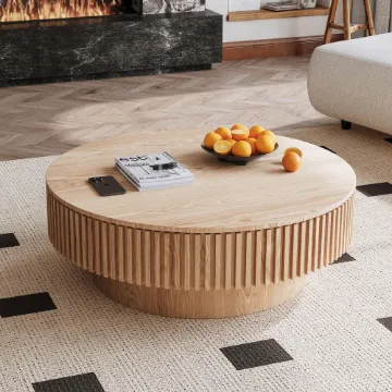 Elyra Round Coffee Table with Hidden Storage – Natural Wood