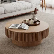 Elyra Round Coffee Table with Hidden Storage – Natural Wood