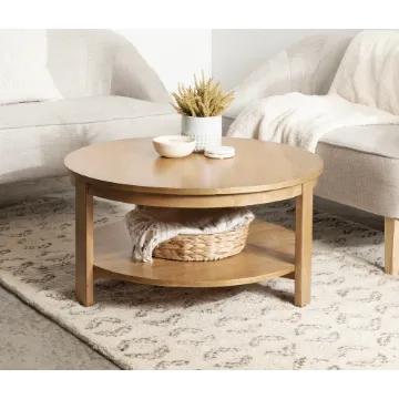 Orion – Round Coffee Table with Rotating Top & Lower Shelf – Natural Wood