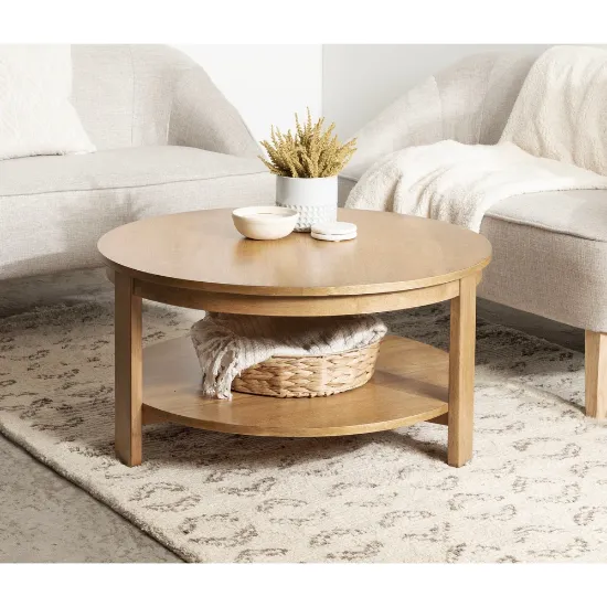 Orion – Round Coffee Table with Rotating Top & Lower Shelf – Natural Wood