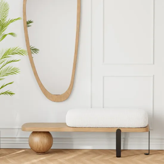 صورة Orin Sculpted Bench – Natural Wood & Upholstered Seat