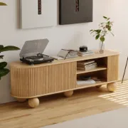 Oniro Long Media Console with Fluted Sliding Panels – Natural Wood